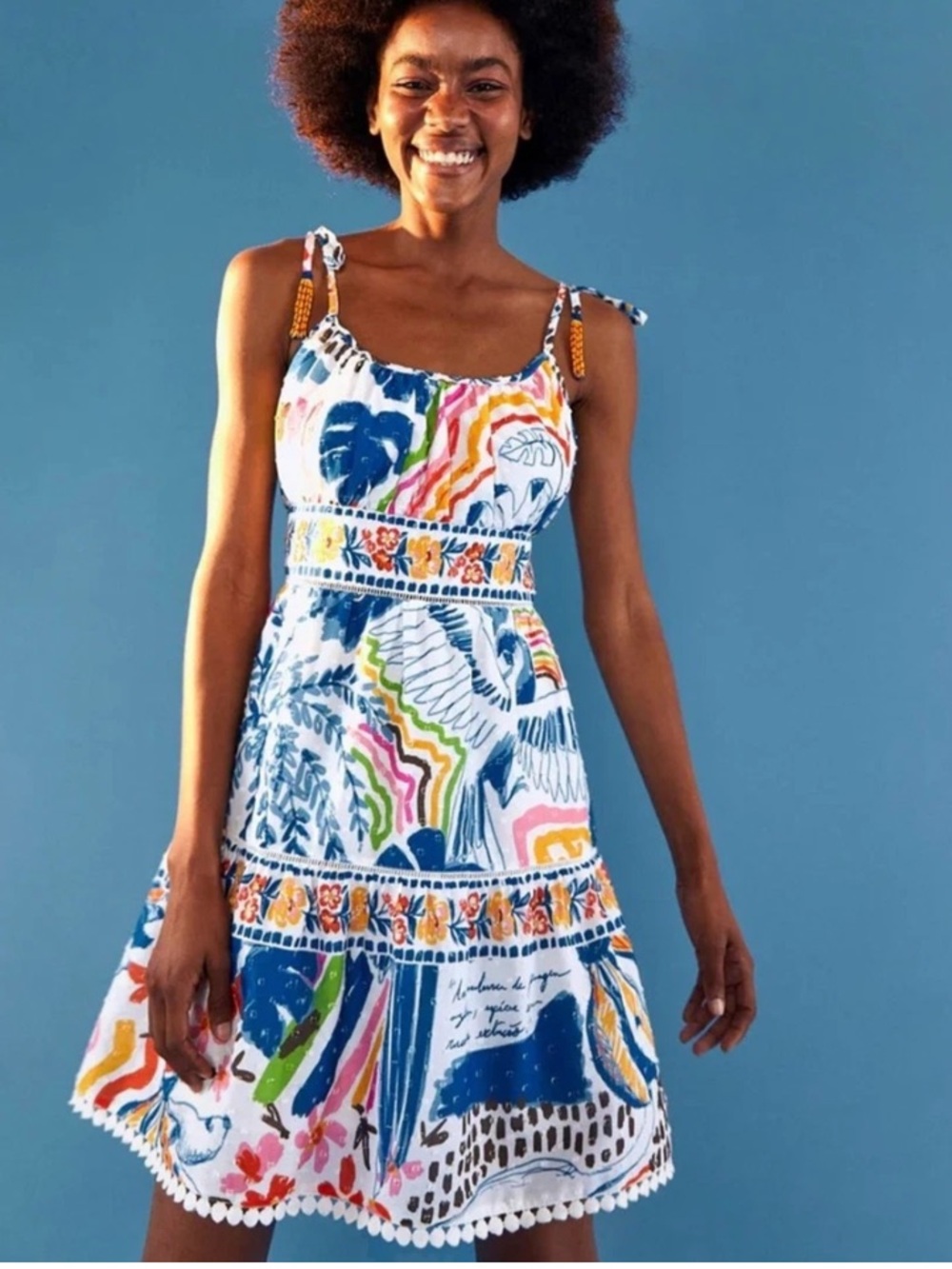 NEW FARM Rio Wild Brazil Mini Dress Botanical Print Beaded Tie Shoulder XL